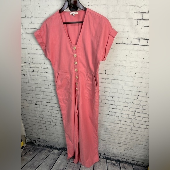 Madewell Womens Coverall Button Up Jumpsuit Pink Wide Legs Pockets Size 4 - Picture 3 of 12